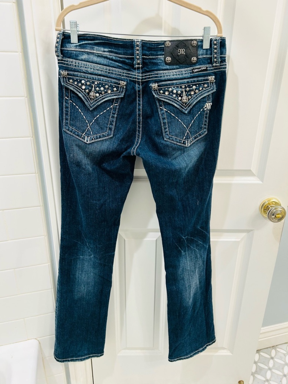 Vintage Miss Me Mid Rise Bootcut Jeans Studded Embellished Flap Pocket 31 x 35 - Picture 3 of 13